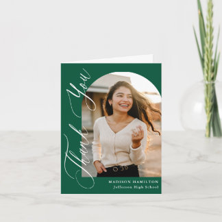 Modern Elegant Calligraphy Green Photo Graduation Thank You Card