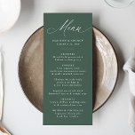 Modern Elegant Calligraphy Green Wedding Menu<br><div class="desc">Enhance your wedding reception with this elegant wedding menu, featuring "Menu" in sophisticated white calligraphy on a rich dark green background. Ideal for both formal and casual weddings, this design allows couples to personalise the menu with their names, wedding date, and meal details in bold white lettering. The modern, simple,...</div>