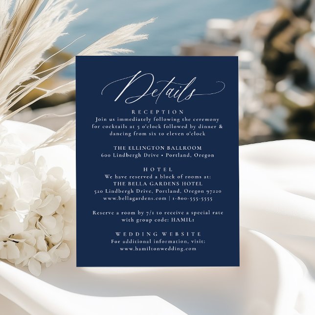 Modern Elegant Calligraphy Navy Wedding Details Enclosure Card (Creator Uploaded)