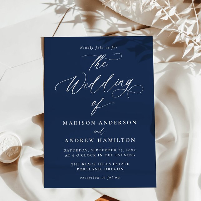 Modern Elegant Calligraphy Navy Wedding Invitation (Creator Uploaded)