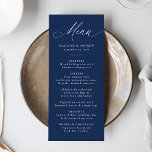 Modern Elegant Calligraphy Navy Wedding Menu<br><div class="desc">This elegant wedding menu features "Menu" in sophisticated white calligraphy against a rich navy background, offering a stylish and timeless look for your reception. Customise it with your names, wedding date, and menu details in bold white lettering for a personalised touch. The design is modern, simple, and refined, making it...</div>