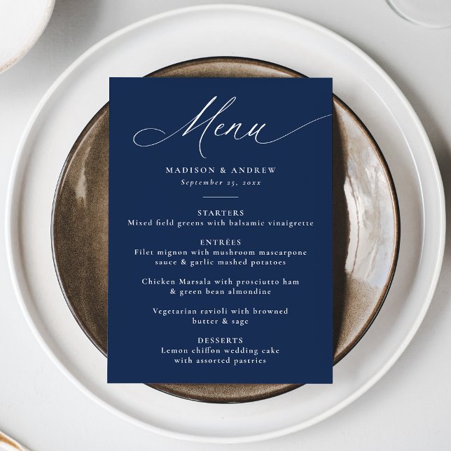 Modern Elegant Calligraphy Navy Wedding Menu (Creator Uploaded)
