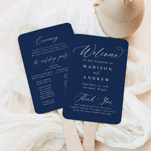 Modern Elegant Calligraphy Navy Wedding Program Hand Fan