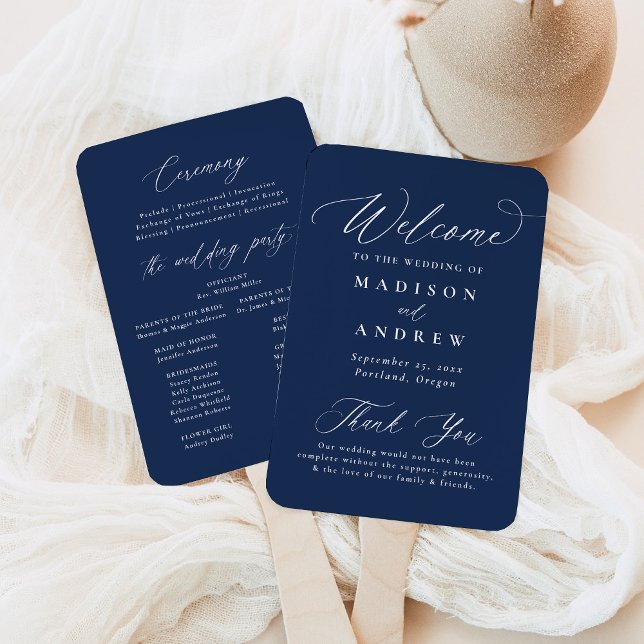 Modern Elegant Calligraphy Navy Wedding Program Hand Fan (Creator Uploaded)