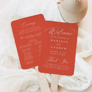 Modern Elegant Calligraphy Orange Wedding Program Hand Fan