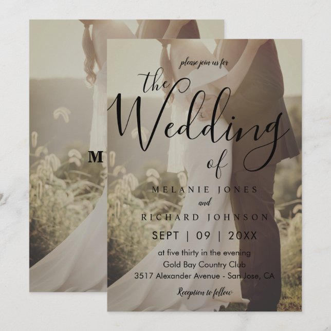 Modern Elegant Calligraphy Photo Overlay Wedding Invitation (Front/Back)