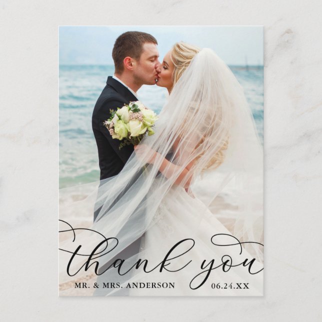 Modern Elegant Calligraphy Photo Wedding Thank You Postcard (Front)