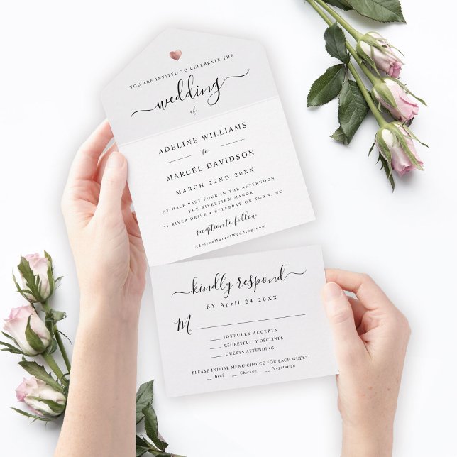 Modern Elegant Calligraphy Rose Gold Heart Wedding All In One Invitation (Creator Uploaded)