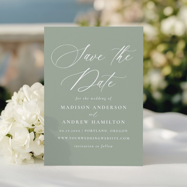Modern Elegant Calligraphy Sage Green Wedding Save The Date (Creator Uploaded)