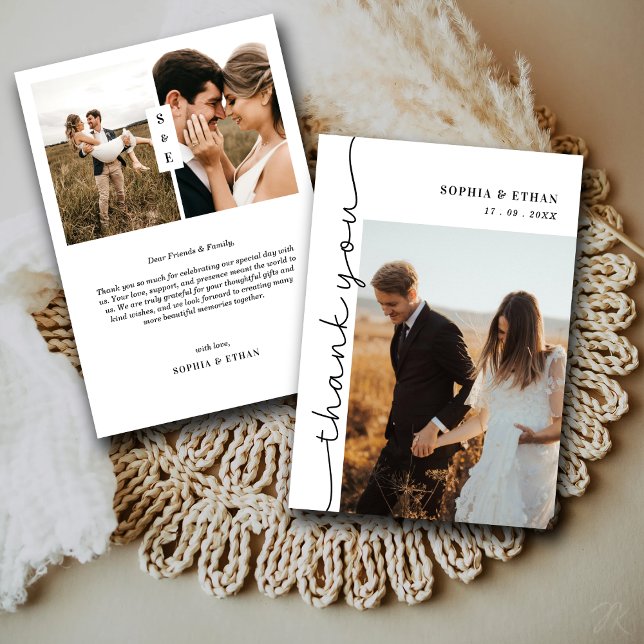 Modern Elegant Calligraphy Script 3 Photo Wedding Thank You Card (Creator Uploaded)