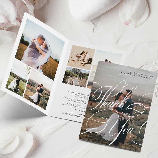 Modern elegant calligraphy script 8 photo wedding thank you card (Creator Uploaded)