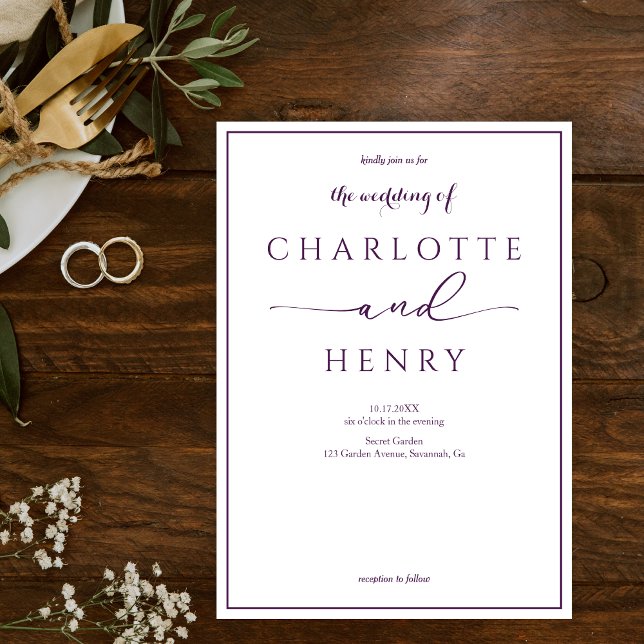Modern Elegant Calligraphy Script Purple Wedding  Invitation (Creator Uploaded)