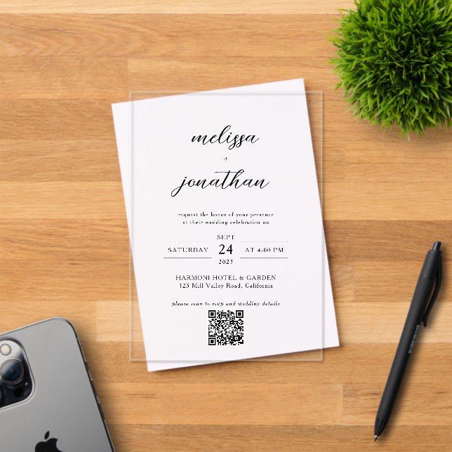 Modern Elegant Calligraphy Script QR Code Wedding Acrylic Invitations (Insitu (Invitation Card))