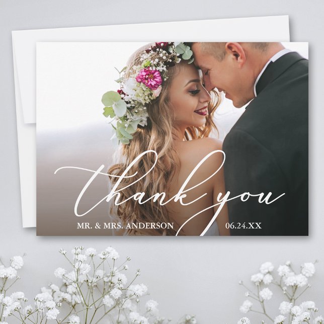 Modern Elegant Calligraphy Thank You Wedding Card (Customize to add text or more photos to back of card.)