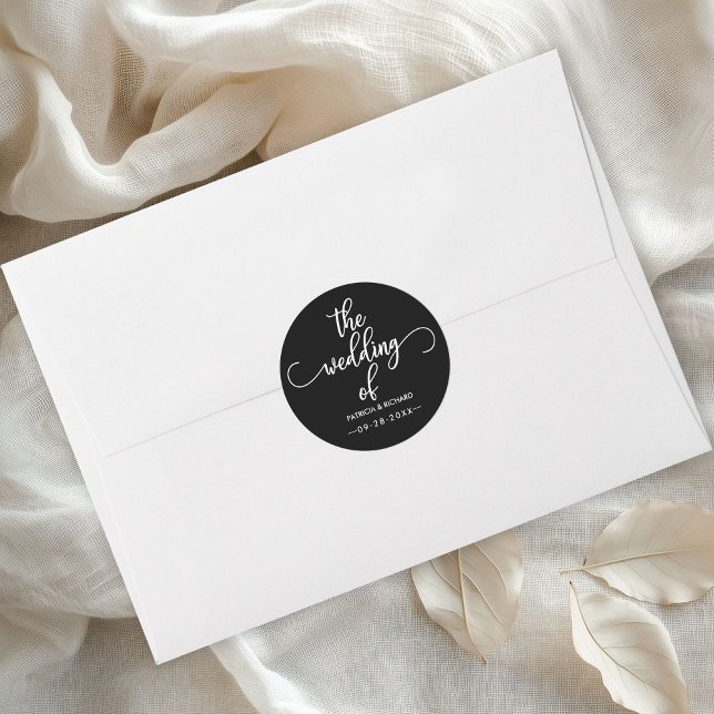 Modern Elegant Calligraphy The Wedding Of Black Classic Round Sticker (Creator Uploaded)