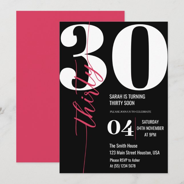Modern Elegant Calligraphy Thirty 30th Birthday  Invitation (Front/Back)