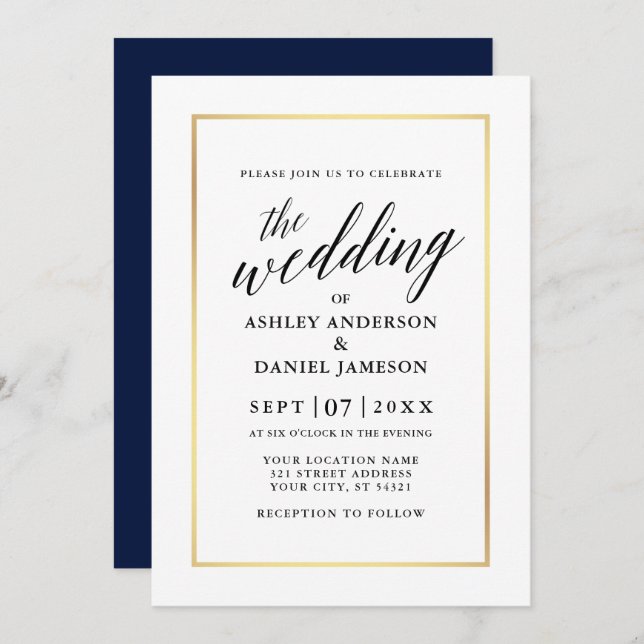 Modern Elegant Calligraphy Wedding Blue Gold Invitation (Front/Back)