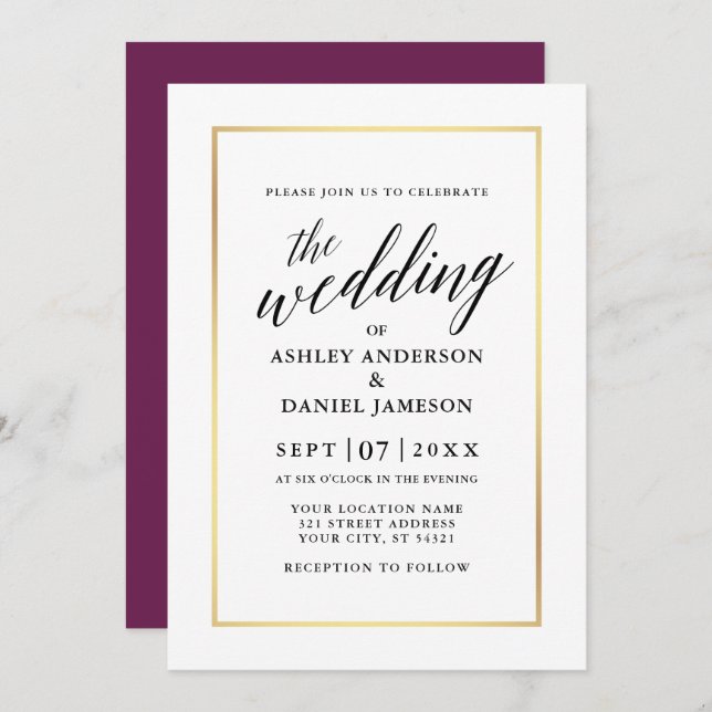Modern Elegant Calligraphy Wedding Cassis Gold Invitation (Front/Back)