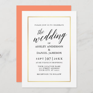 Modern Elegant Calligraphy Wedding Coral Gold Invitation