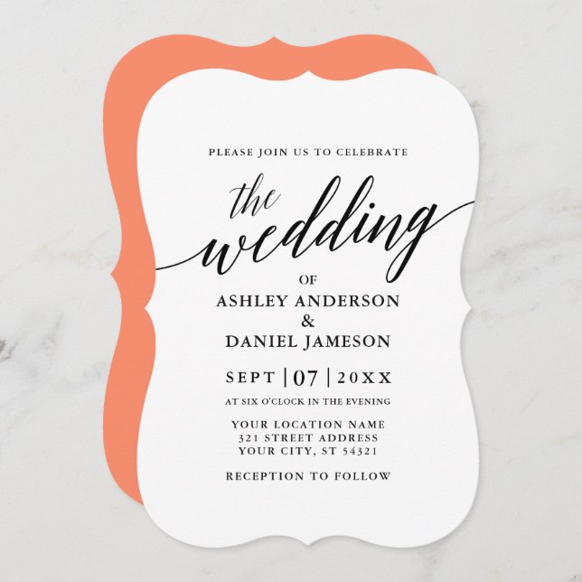 Modern Elegant Calligraphy Wedding Coral Invitation (Front/Back)