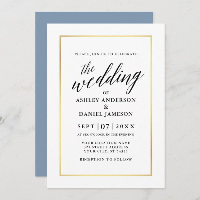 Modern Elegant Calligraphy Wedding Dusty Blue Gold Invitation (Front/Back)