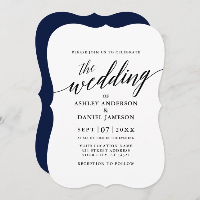 Modern Elegant Calligraphy Wedding Navy Blue Invitation (Front/Back)