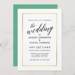 Modern Elegant Calligraphy Wedding Neo Mint Gold Invitation