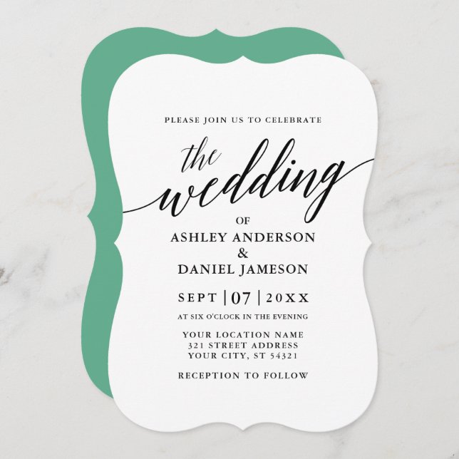 Modern Elegant Calligraphy Wedding Neo Mint Invitation (Front/Back)
