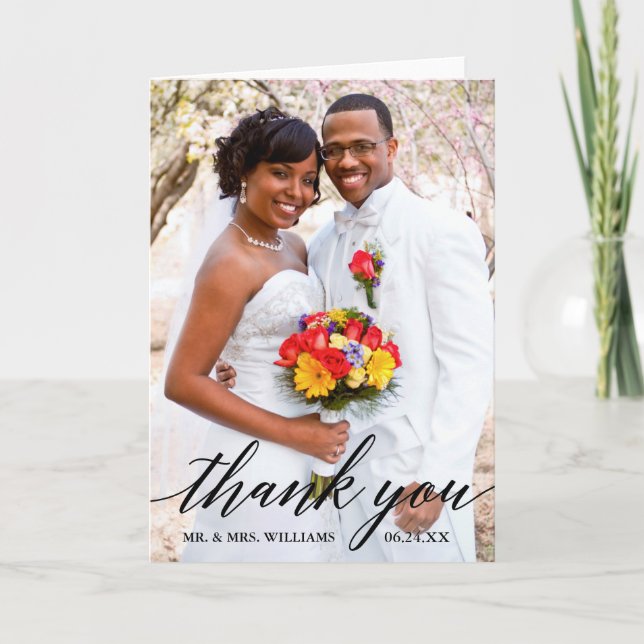 Modern Elegant Calligraphy Wedding Photo Fold Thank You Card (Front)