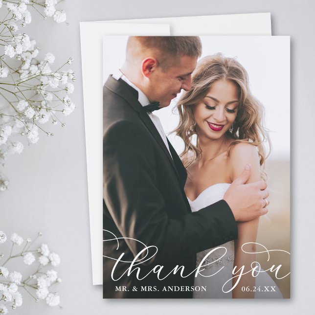 Modern Elegant Calligraphy Wedding Photo W Thank You Card (Customize to add text or more photos to back of card.)