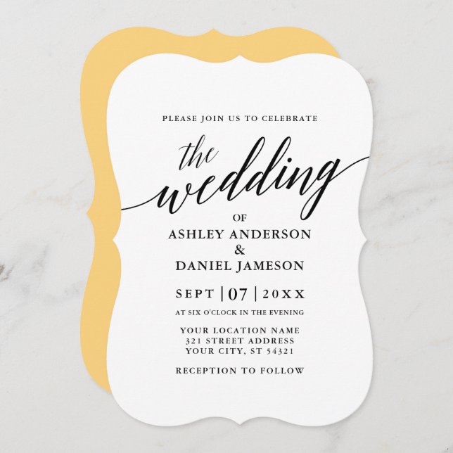 Modern Elegant Calligraphy Wedding Yellow Invitation (Front/Back)