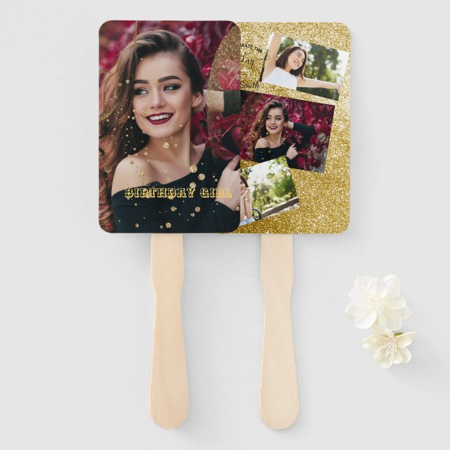 Modern elegant chic black and gold sweet 16 hand f fan (Front and Back)