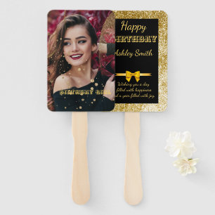 Modern elegant chic black and gold sweet 16 hand f hand fan