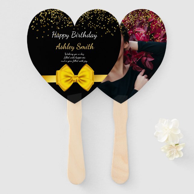 Modern elegant chic black and gold sweet 16 hand f hand fan (Front and Back)
