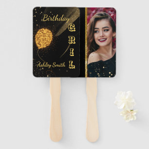 Modern elegant chic black and gold sweet 16 hand fan