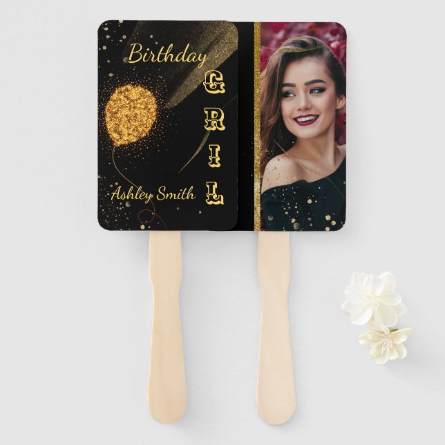 Modern elegant chic black and gold sweet 16 hand fan (Front and Back)