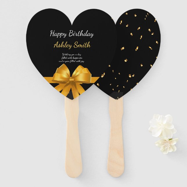 Modern elegant chic black and gold sweet 16 hand fan (Front and Back)