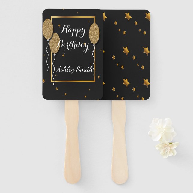Modern elegant chic black and gold sweet 16 hand fan (Front and Back)