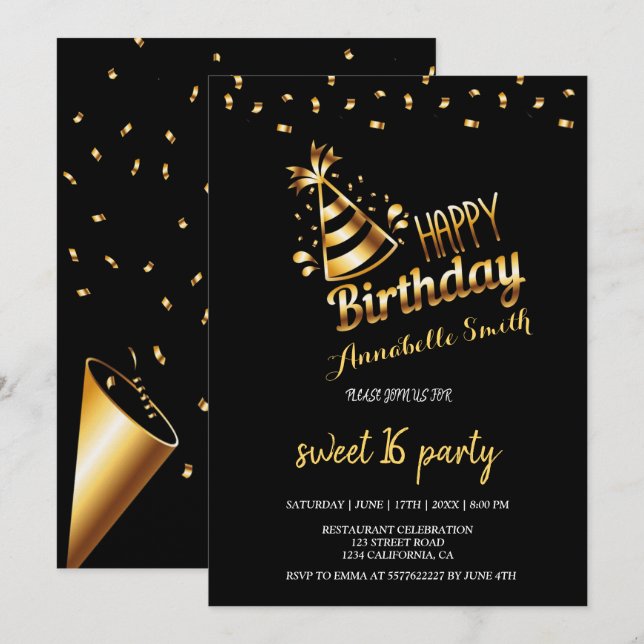 Modern elegant chic black and gold sweet 16 invitation (Front/Back)