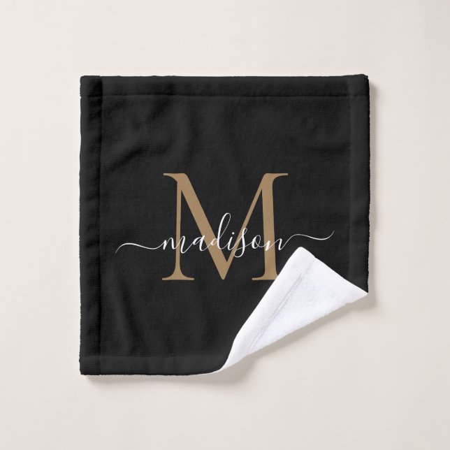 Modern Elegant Chic Black Gold Monogram Script Wash Cloth (Wash Cloth)