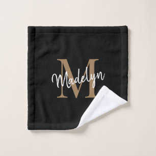 Modern Elegant Chic Black Gold Monogram Script Wash Cloth