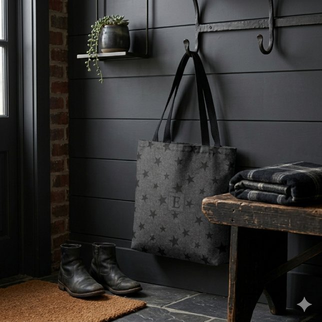 Modern Elegant Chic Black Star Pattern Monogram Tote Bag (Creator Uploaded)