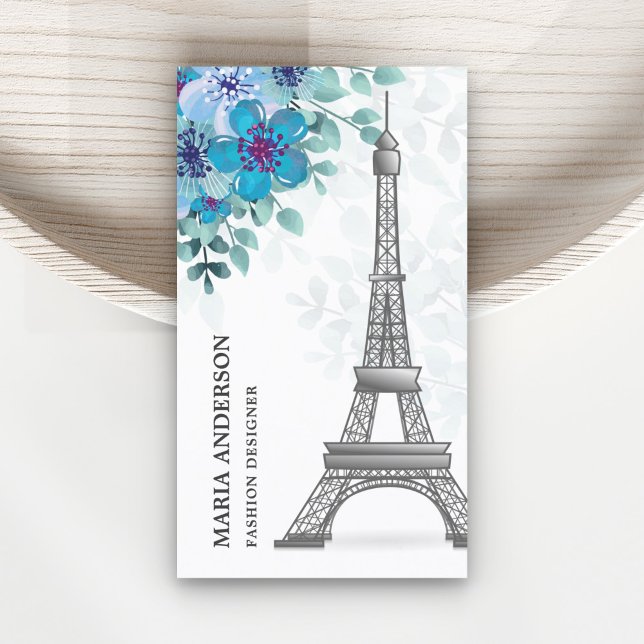 Modern Elegant Chic Blue Floral Paris Eiffel Tower Business Card (Creator Uploaded)