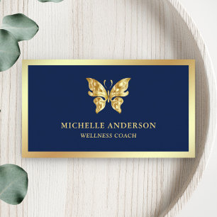 Modern Elegant Chic Blue Gold Foil Butterfly Business Card