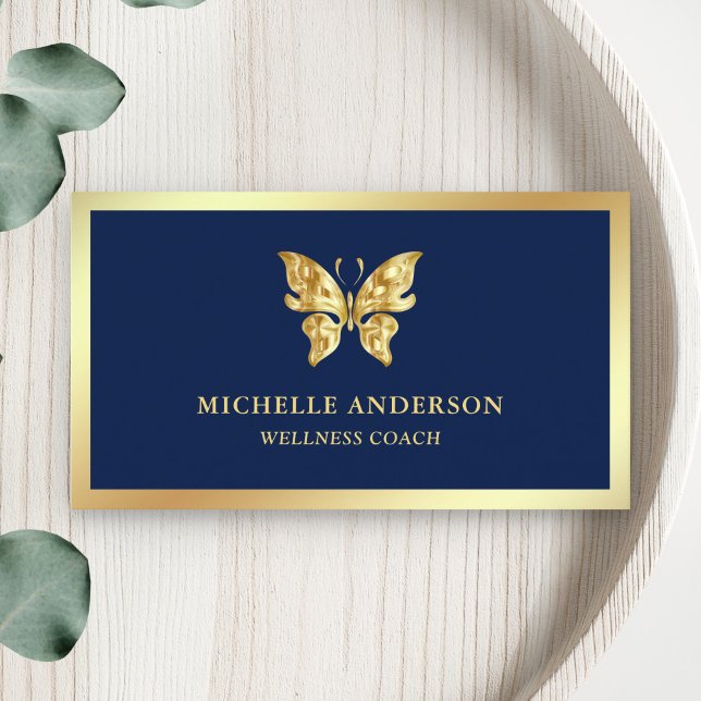 Modern Elegant Chic Blue Gold Foil Butterfly Business Card (Creator Uploaded)