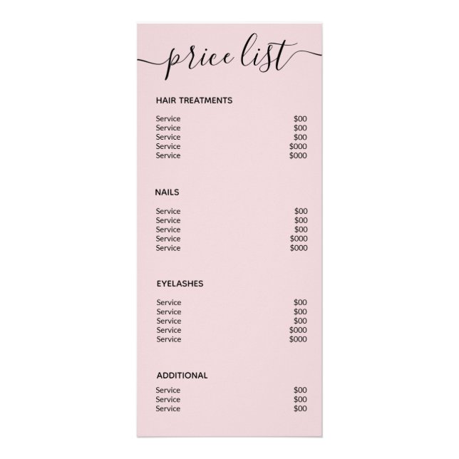 Modern Elegant Chic Blush Pink Salon Price List Rack Card (Back)
