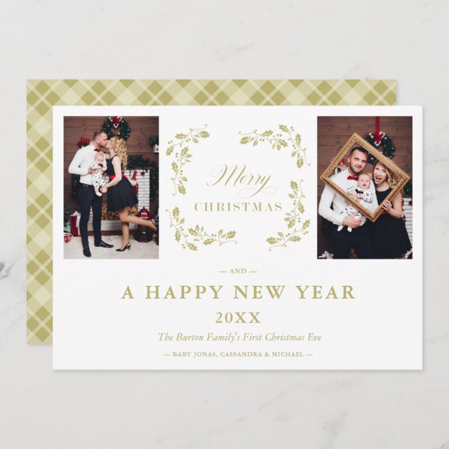 Modern Elegant Chic Christmas 2 Photos Family Holiday Card (Front/Back)