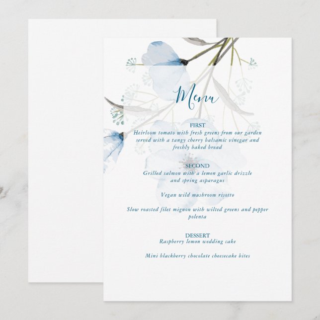Modern Elegant Chic Dusty Blue Wedding Menu (Front/Back)