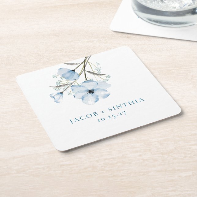 Modern Elegant Chic Dusty Blue Wedding Square Paper Coaster (Angled)