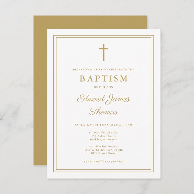 Modern Elegant Chic Gold Border Baptism Invitation Postcard (Front/Back)